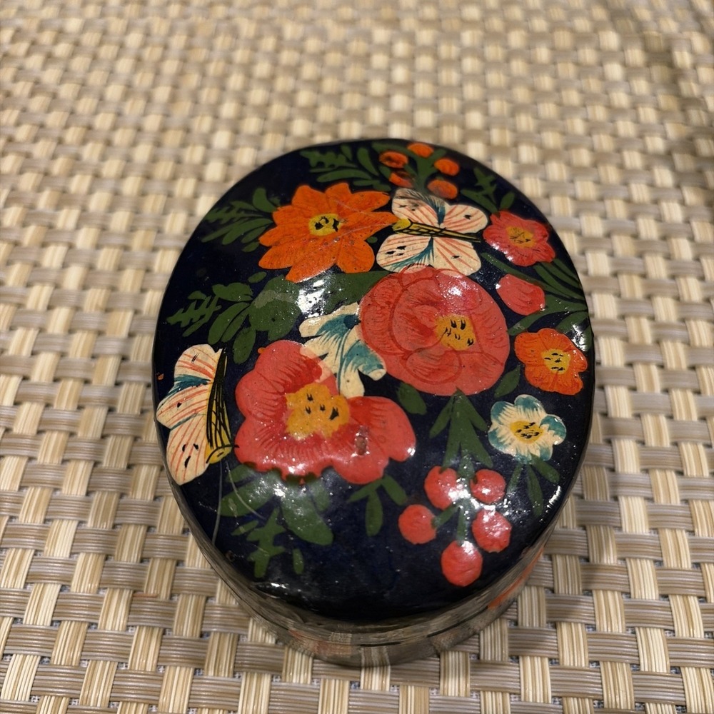 Vintage Hand Painted Paper Mache Jewelry Box Floral Butterfly Lacquered Folk Art